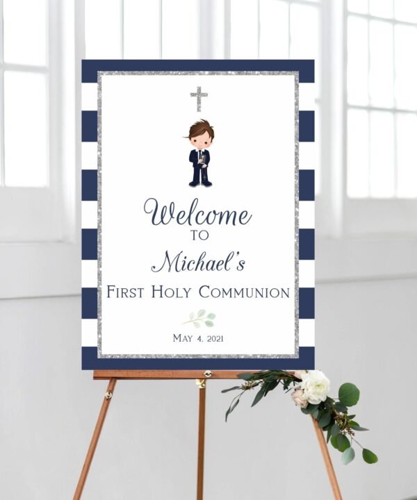 Boy First communion welcome sign, 1st communion poster, communion decoration, navy blue, printable sign, navy and silver