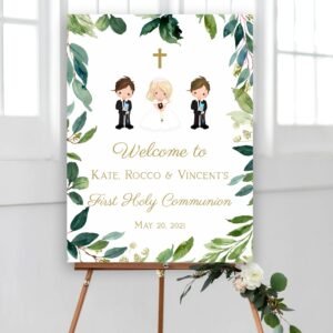 Boy First Holy Communion Welcome Sign, printable sign, Siblings Communion, 1st communion poster, communion decoration, Greenery Sign