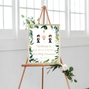 First Holy Communion Welcome Sign, Printable Sign, Siblings Communion, 1st communion poster, communion decoration, Greenery Sign, FC04
