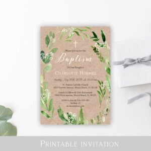 Rustic Baptism invitation girl, Neutal Baptism invite, Printable Invitation, Greenery Wreath watercolor Baptism, Printable invitation