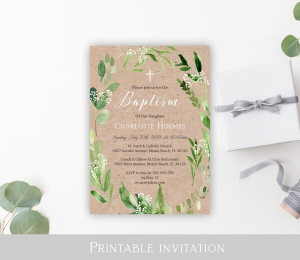 Rustic Baptism invitation girl, Neutal Baptism invite, Printable Invitation, Greenery Wreath watercolor Baptism, Printable invitation