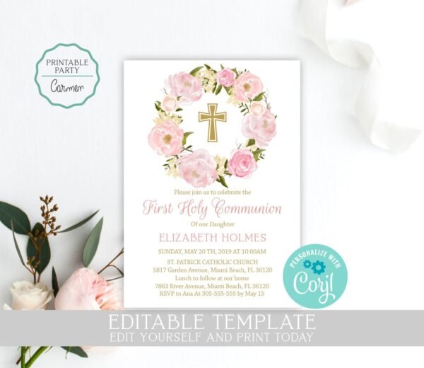 Floral First communion welcome sign girl, 1st Communion Poster, Communion Decoration, Printable Sign, Floral blush and gold, custom sign - Image 3