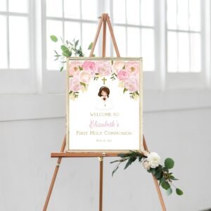 Floral First communion welcome sign girl