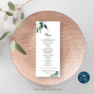 Boy First Holy Communion menu, Siblings Communion, Twins Communion, editable template, Printable menu, Navy and Gold, eucalyptus, CT05