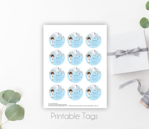 Boy First Communion Favor Tags, Communion Boy printable tags, First Communion Favors, Printable Tags, Gift Tags Communion, Floral blue - Image 2