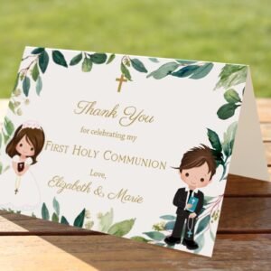Thank You Card First Holy Communion, Boy and Girl First Holy Communion, Printable Thank You card, Greenery Thank You card, FC04