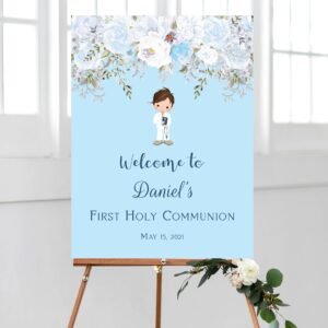 Boy First Holy Communion welcome sign, 1st communion poster, Floral Blue, Communion Decoration, Printable sign, navy and blue