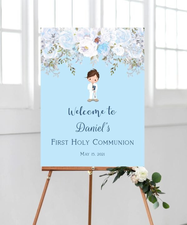 Boy First Holy Communion welcome sign, 1st communion poster, Floral Blue, Communion Decoration, Printable sign, navy and blue