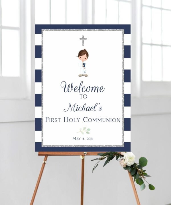 Boy First communion welcome sign, 1st communion poster, communion decoration, navy blue, printable sign, navy and silver - Image 2