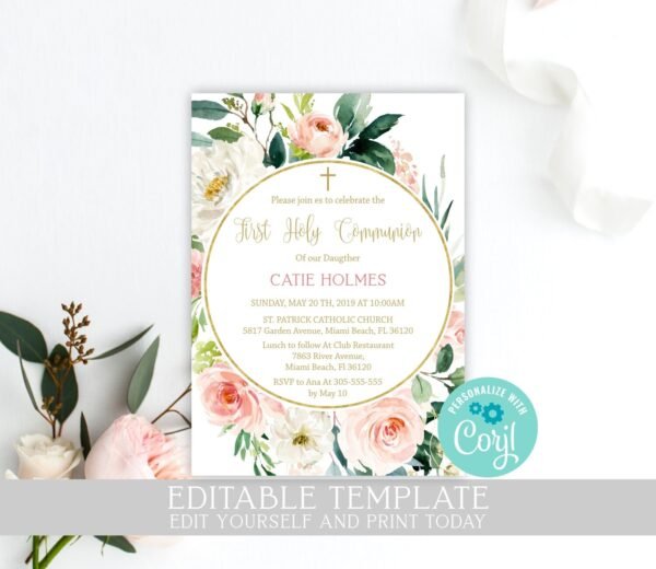 First communion favor tags girl, thank you tags communion, printable tags, personalized favor tags, Floral frame gold, FC05 - Image 8