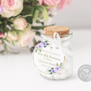 Girl First Communion Favor Tags, Thank you tags communion, Printable tags, Personalized favor tags, Floral frame gold, Lavender, FC06