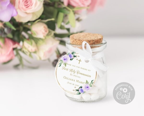 Girl First Communion Favor Tags, Thank you tags communion, Printable tags, Personalized favor tags, Floral frame gold, Lavender, FC06