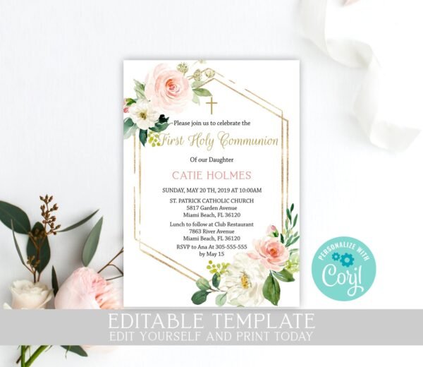 Girl First communion welcome sign, Girl First Communion Poster, Communion Decoration, Printable Sign, Floral watercolor, FC05 - Image 5