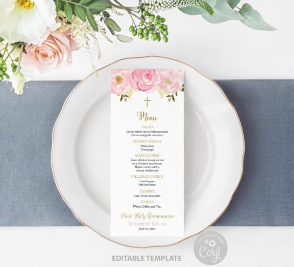 Floral First communion welcome sign girl, 1st Communion Poster, Communion Decoration, Printable Sign, Floral blush and gold, custom sign - Image 4