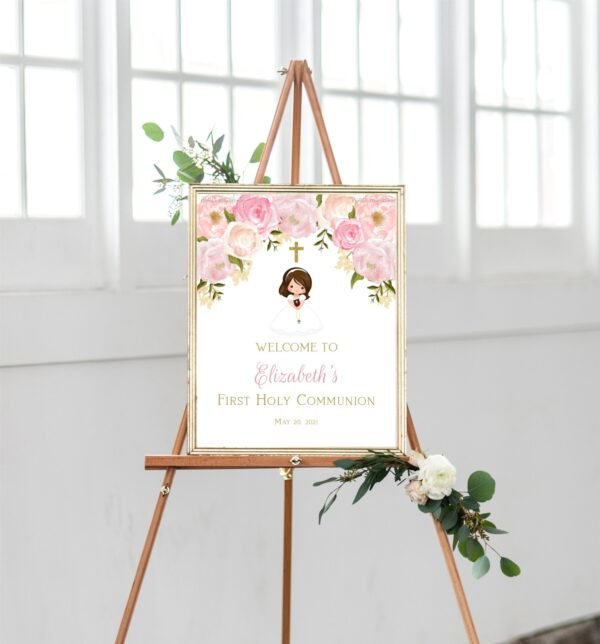 Printable First Communion Invitation for Girl – Watercolor Wreath & Greenery Design - Image 4