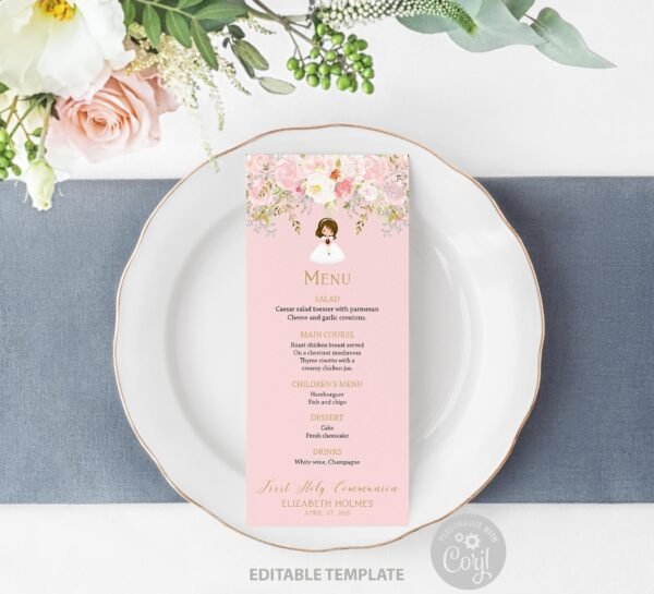 Purple First communion Welcome Sign Girl, 1st Communion Poster, First Holy Communion Girl, Printable sign, Floral Purple and Silver, FC03 - Image 8