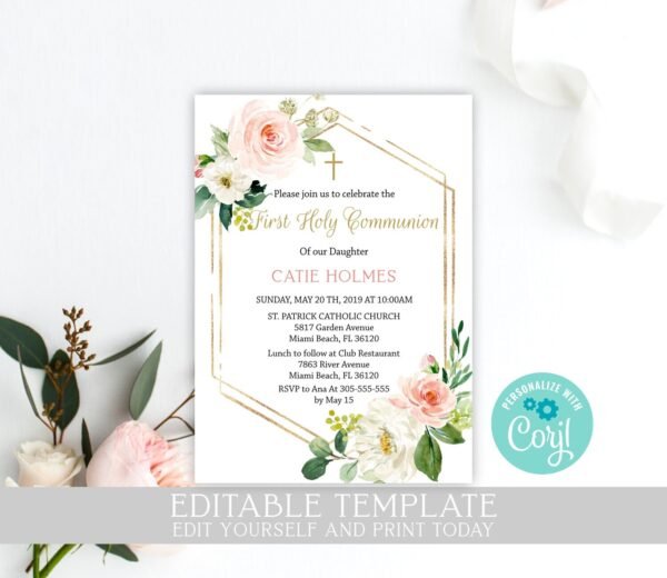 First communion favor tags girl, thank you tags communion, printable tags, personalized favor tags, Floral frame gold, FC05 - Image 7