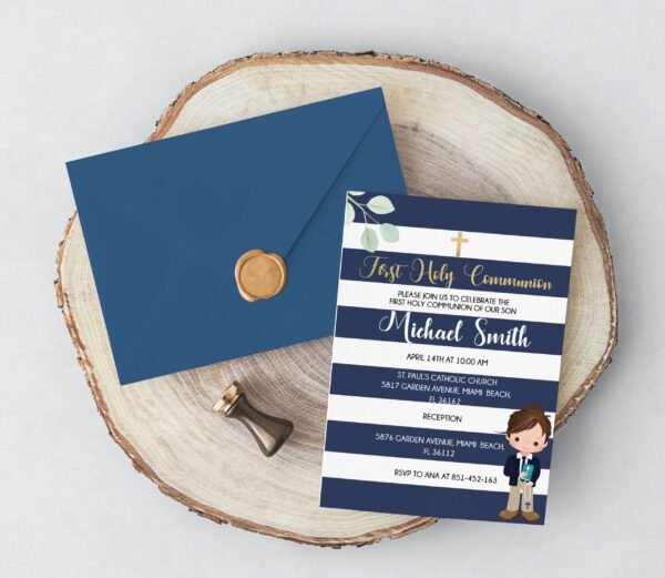 First communion boy welcome sign, 1st communion poster, navy blue, communion decoration, printable sign, navy and gold - Image 4