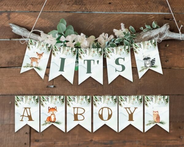 Winter Banner It's a Boy Woodland baby shower, woodland animals, Christmas shower decoration, printable banner, instant download