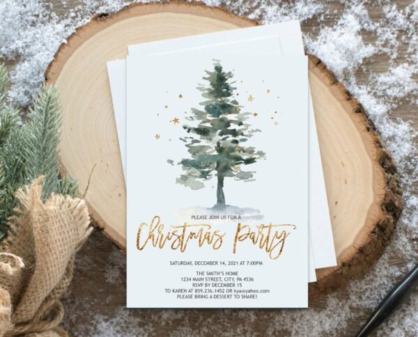 Christmas Card Printable, Holiday Card, Printable Christmas, Christmas Tree Watercolor, Editable invitation, Winter card, CHR01 - Image 4
