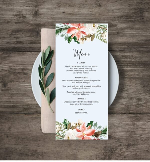 Printable Christmas Menu, Christmas Menu Planner, Holiday Menu Card, Christmas dinner menu, Editable Template, CHR03