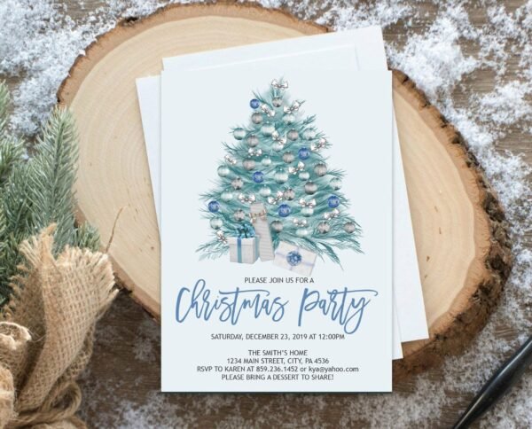 Christmas party invitation, Holiday Party Editable invitation, Christmas Dinner, Watercolor Christmas Blue Tree, instant download, 5x7