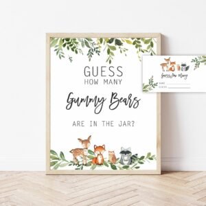 Guess How Many Gummy Bears, Woodland Baby Shower Game, Printable Sign, Gender Neutral, Woodland animals, Instant download