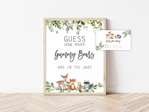 Guess How Many Gummy Bears, Woodland Baby Shower Game, Printable Sign, Gender Neutral, Woodland animals, Instant download