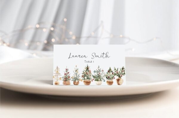 Christmas Place Cards,  Editable Template, Holiday Name Cards, Printable Place Cards, Potted Christmas Tree, Name cards, CHR007