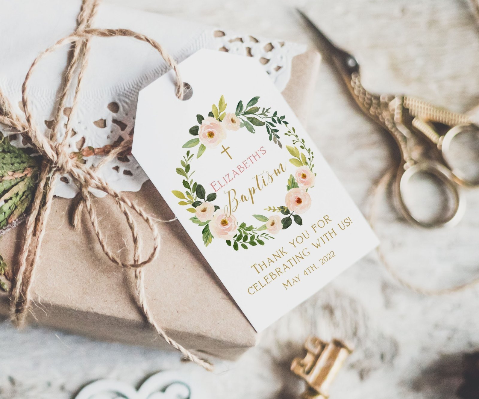 Baptism favor tag, Printable Baptism Tag, Girl Baptism labels, Baptism Favors, Christening Favor Tag, Floral peach watercolor