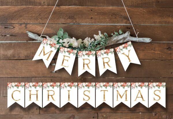 Christmas Ornaments, Gold Merry Christmas Banner, Instant Download & Print