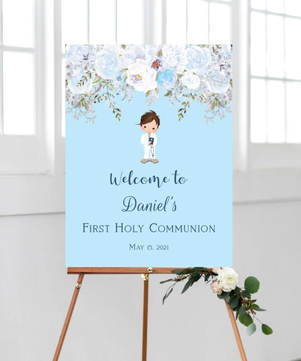 Water bottle labels First Communion Boy, Blue Boy First Communion, Personalized Printable Label, Baptism water bottle label - Image 3