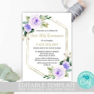 Girl First Holy Communion invitation, First Holy Communion Invitation, Lilac Watercolor, Editable Template, Printable, FC06