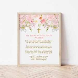 First Holy Communion Prayer, Girl Communion Prayer, Communion Decoration, Pink and Gold, Floral Watercolor, Instant Download, FC04