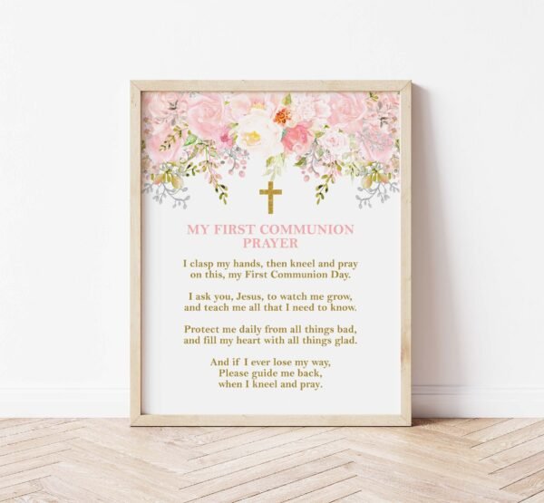 First Holy Communion Prayer, Girl Communion Prayer, Communion Decoration, Pink and Gold, Floral Watercolor, Instant Download, FC04