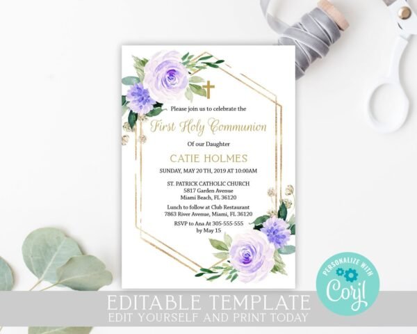 Girl First Communion Favor Tags, Thank you tags communion, Printable tags, Personalized favor tags, Floral frame gold, Lavender, FC06 - Image 3
