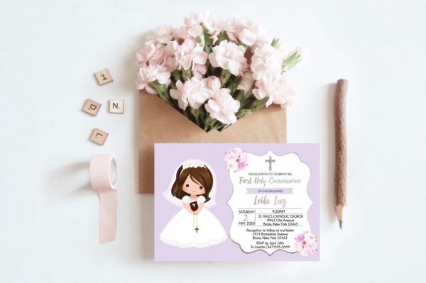 Purple First communion Welcome Sign Girl, 1st Communion Poster, First Holy Communion Girl, Printable sign, Floral Purple and Silver, FC03 - Image 3