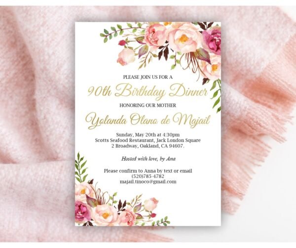 90th Birthday Invitation, 90th Birthday Dinner, Adult Birthday, Printable invitation, Customized invitation, Floral watercolor