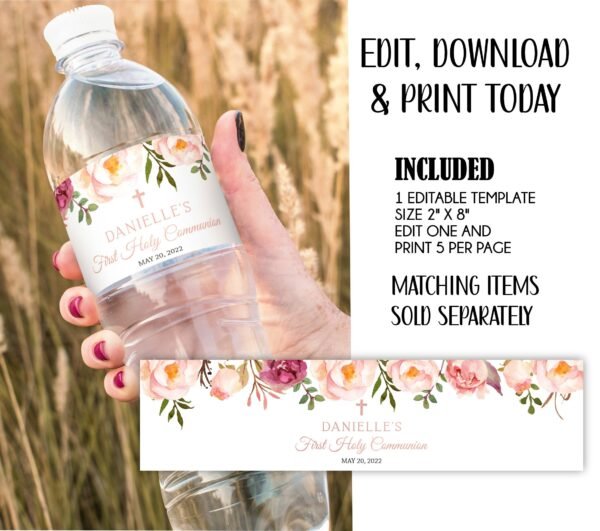 Girl First Holy Communion Invitation, Communion Invitation Card, Printable Invitation, Watercolor, Editable template, Floral Rose Gold, FC08 - Image 7