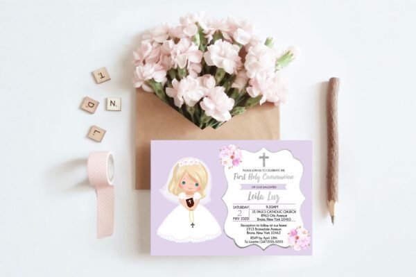 Purple First communion Welcome Sign Girl, 1st Communion Poster, First Holy Communion Girl, Printable sign, Floral Purple and Silver, FC03 - Image 4