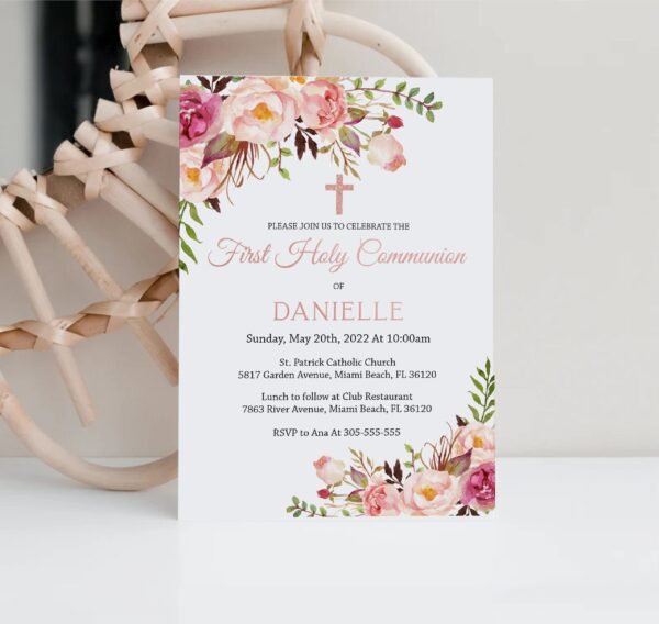 Girl First Holy Communion Invitation, Communion Invitation Card, Printable Invitation, Watercolor, Editable template, Floral Rose Gold, FC08