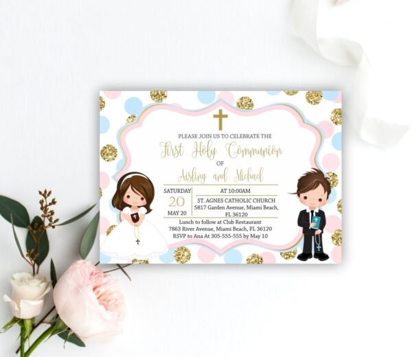 First Holy Communion Favor Tags, Siblings Communion, Communion Favors Twins, Printable Tags, Personalized Favor Tags, Polka Dots , FC09 - Image 4