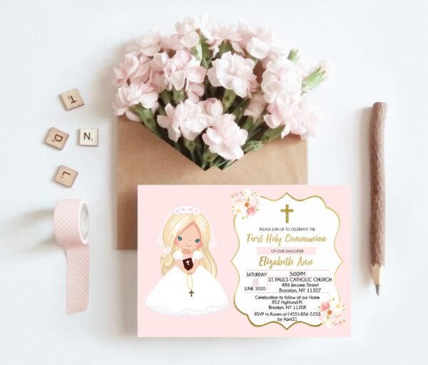 First communion menu template, Girl Communion, Menu Card, Printable Menu, Editable Template, Floral Blush Pink, FC02 - Image 4