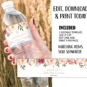 First Holy Communion water bottle label, Girl Communion, Floral Watercolor, Baptism water bottle label, Editable, Printable label, FC08