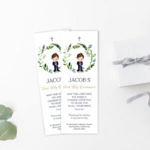 First Holy Communion Bookmark, First Communion Boy, Communion favors, Printable Bookmark, Navy and Gold, Greenery wreath, Editable, FC10