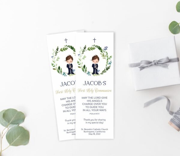 First Holy Communion Bookmark, First Communion Boy, Communion favors, Printable Bookmark, Navy and Gold, Greenery wreath, Editable, FC10