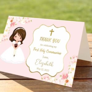 First Holy Communion Thank You Card, Girl First Holy Communion, Printable Thank You card, pink, Personalized Card, FC01