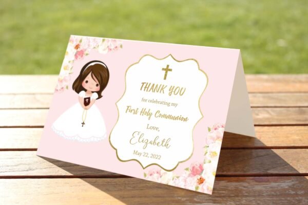 First Holy Communion Thank You Card, Girl First Holy Communion, Printable Thank You card, pink, Personalized Card, FC01