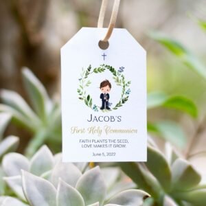 First Communion Favor Tags Boy, Faith Plants The Seed Love Makes It Grow, Tags communion, Printable tags, Editable, Greenery Wreath, FC05