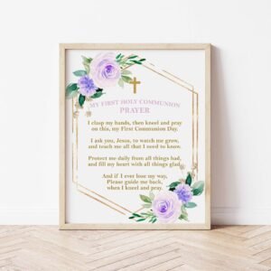 Girl First Communion Prayer, Printable Prayer, Communion Decoration, Purple and Gold, Floral Watercolor, Instant Download, FC06